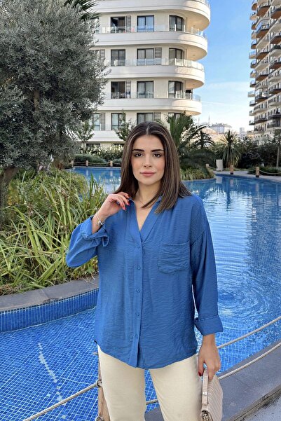 NEW LAVİVA Decolteu în V indigo pentru femei, mânecă lungă, țesătură Airobin, spate plisat, cămașă lejeră