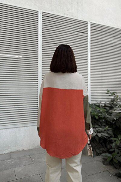 NEW LAVİVA Kadın Haki & Oranj Uzun Kol Detaylı Renk Bloklu Oversize Gömlek Cepli Uzun Tunik Gömlek