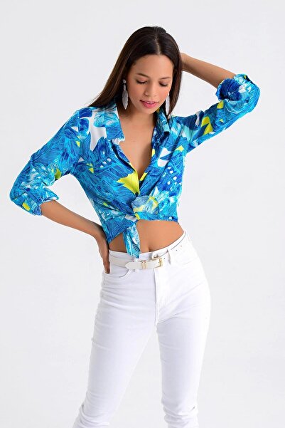 NEW LAVİVA Cămașă de damă cu guler clasic albastru, mânecă lungă, cu model, cu croiala normală, mărime standard