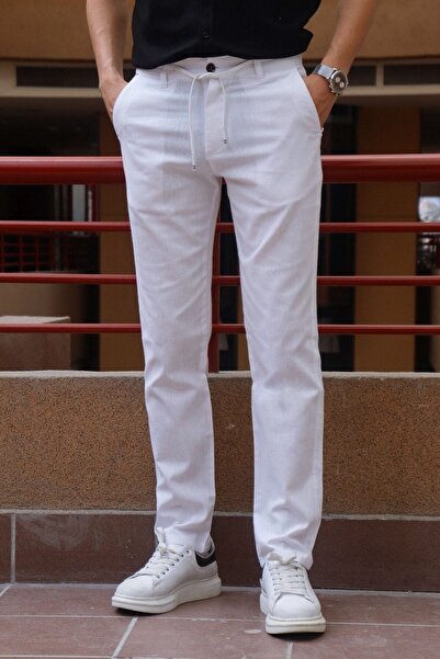 inpool Men's Back Waist Rubber Detail Cotton-linen Summer Trousers