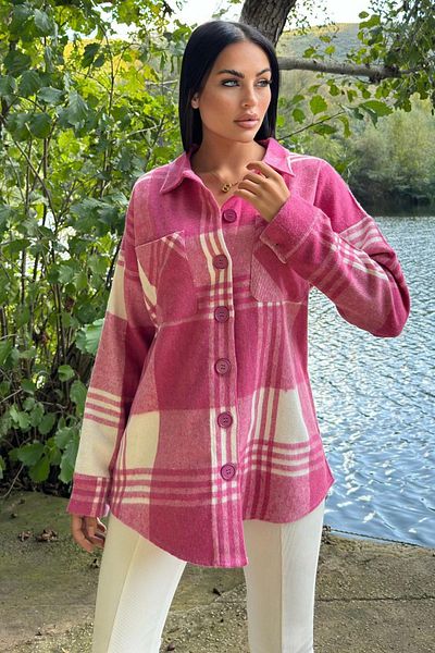 NEW LAVİVA Fuchsia Double Pocket, Plaid Pattern, Comfortable Fit, Loose Stamp Shirt