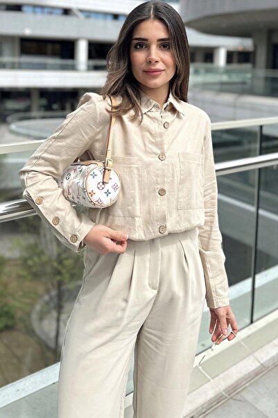 NEW LAVİVA Beige Women's Tunic Shirt - Long Sleeve, Wooden Button Detail, Pleated Back, Loose and Long Cotton