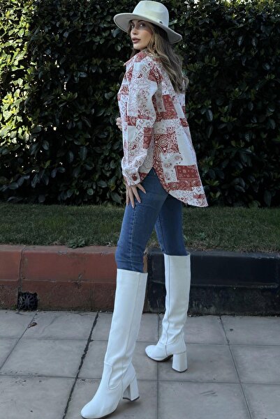 NEW LAVİVA Țesătură gabardină cu model roșu pentru femei, croială ovală pe fustă, cămașă oversize cu buzunare