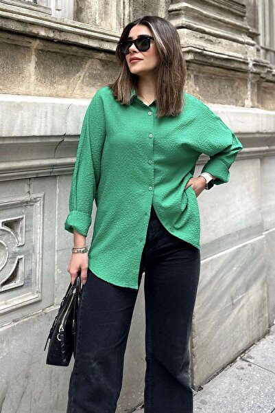 NEW LAVİVA Model de bază verde de damă, seersucker, cămașă casual