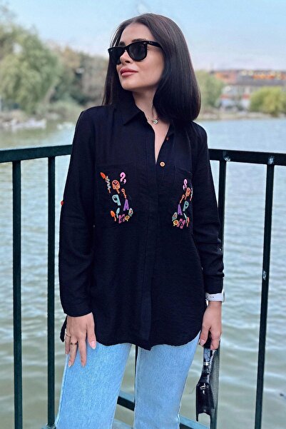 NEW LAVİVA Kadın Siyah Uzun Kol, Çift Cepli, Nakış Detaylı, Yanları Düğmeli, ...