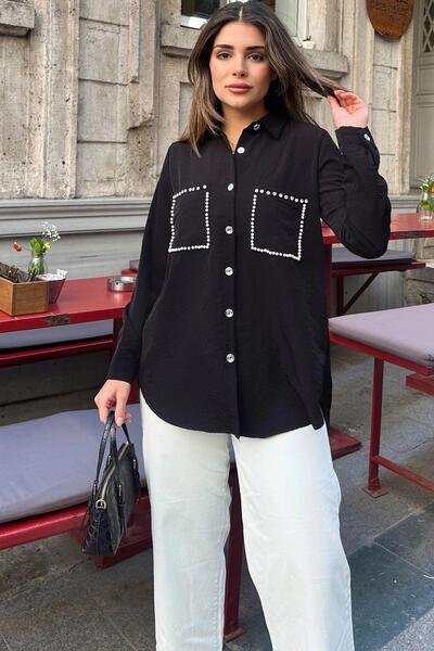 NEW LAVİVA Dámská košile zdobená černou perlou - dvojitá kapsa a plisovaný zadní detail, odolná proti potu