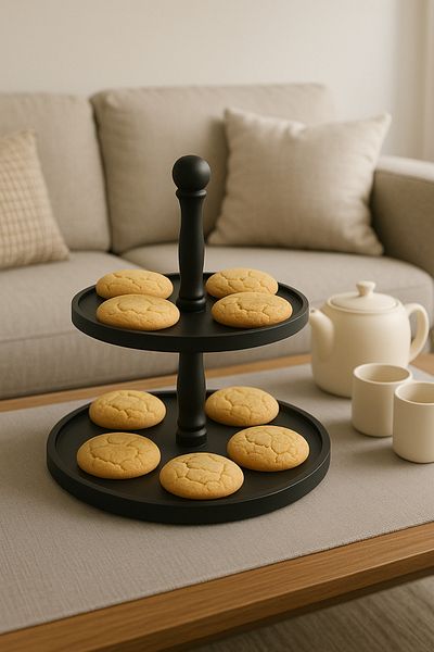 justwood 2-Tier Black Wooden Cake Pastry Presentation Stand, Serving Presentation Plate, Multi-Purpose Catering