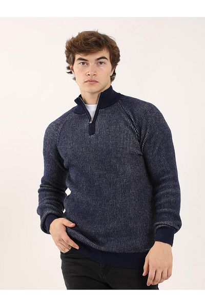 Dufy Navy Blue Men's Regular Fit Textured Zippered Stand Collar Sweater - 91162