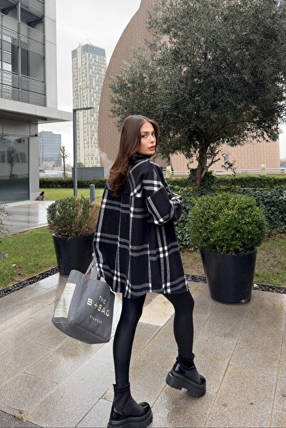 NEW LAVİVA Buzunar dublu negru pentru femei, model în carouri, potrivire confortabilă, cămașă cu ștampilă lungă