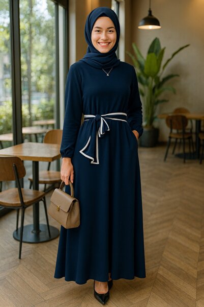 Mercan Ayliz Dress Hijab Clothing Belted Long Dress Navy Blue Belis Fabric