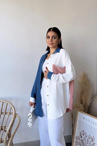 NEW LAVİVA Cămăși supradimensionate pentru femei, cu mâneci lungi, cu detalii în bloc de culoare, cu buzunare, cămașă lungă tunică