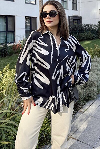 NEW LAVİVA Black Satin Shirt - Long Balloon Sleeve, Pleated Back, Loose Draped