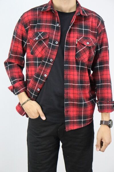 inpool Κόκκινο ανδρικό πουκάμισο με κανονική εφαρμογή με μακρυμάνικο γιακά με διπλή τσέπη ξυλοκόπο καρό πουκάμισο