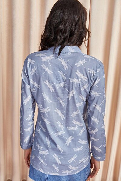 NEW LAVİVA Cămașă pentru femei Indigo, cu model în două culori, cu mânecă lungă, croială standard