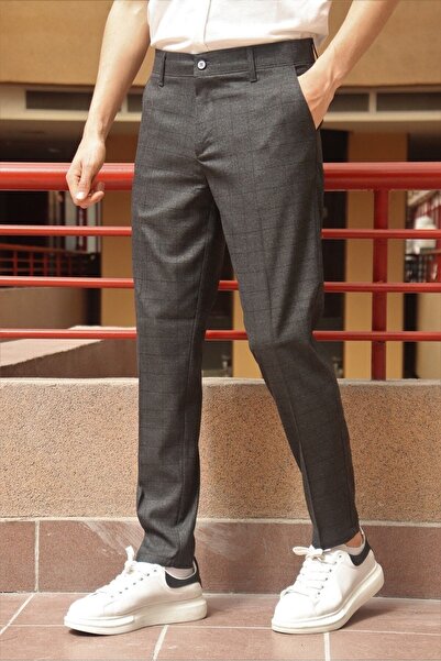 inpool Ανδρικό παντελόνι με μαύρο καρό σχέδιο με λεπτή εφαρμογή από πολυβίσκο