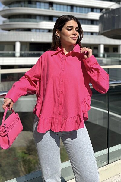 NEW LAVİVA Kadın Fuşya Eteği Fırfır Ve Yırtmaç Detaylı, Terletmez Rahat Kumaş, Salaş Gömlek ( Pamuklu Keten)