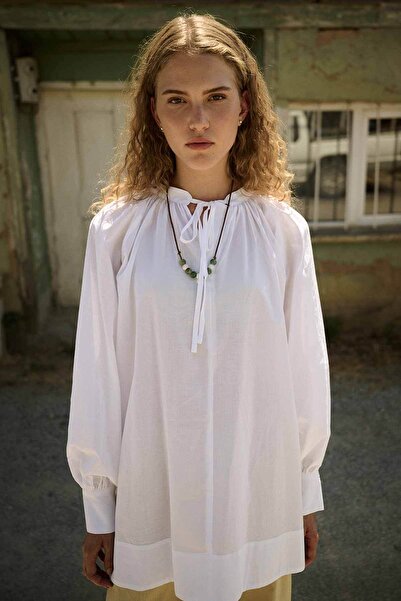 Hooopstore Front Tie Draped Voile White Shirt