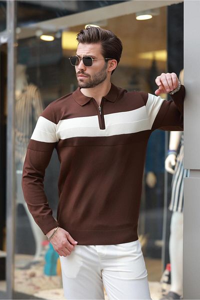 Madmext Brown Zippered Polo Collar Striped Long Sleeve Sweater E7288