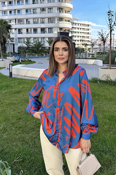 NEW LAVİVA Mânecă lungă cu balon indigo pentru femei, țesătură din satin, spate plisat, cămașă lejeră, fluidă