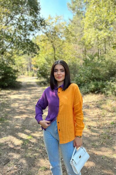 NEW LAVİVA Țesătură de muselină violet și portocaliu pentru femei, bloc dublu, fustă ovală, mânecă lungă, cămașă cu croială normală