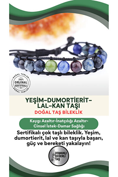 OSMANLI DOĞAL TAŞ Sertifikalı Doğal Taş Bileklik - Yeşim,dumortierite,lal,kan...