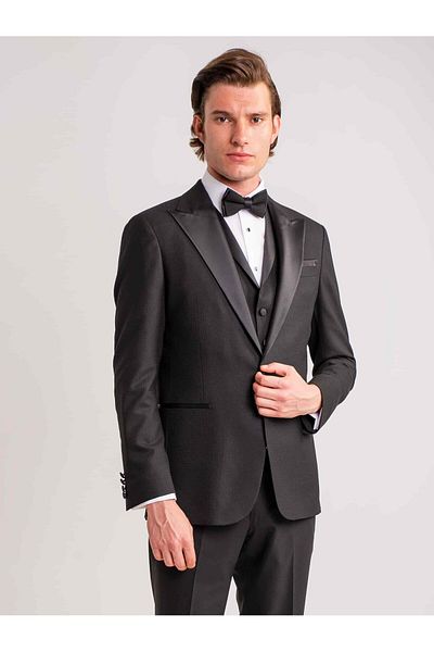Dufy Black Men's Modern Fit Dobby Mono Collar Tuxedo Suit - 61314