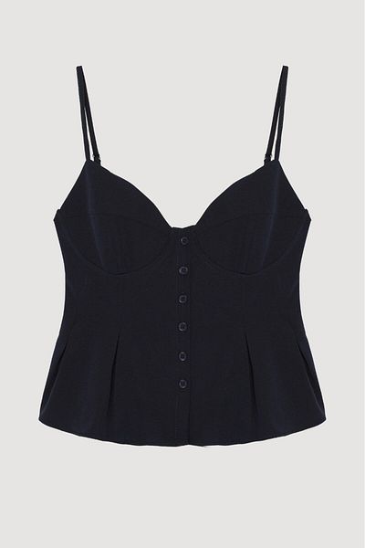 Quzu Buttoned Thin Strap Blouse with Pile Detail Navy Blue