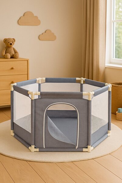 ATLAS BABY&CHILD Premium Kumaş Gri Altıgen Bebek Oyun Parkı, Fileli, Katlanab...