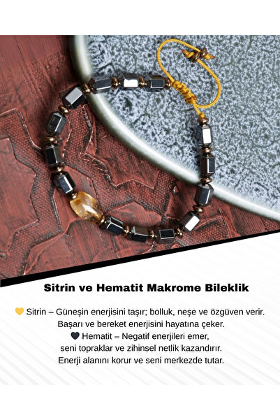 Saff Doğal Taş Sertifikalı Sitrin ve Hematit Bileklik – Bolluk Enerjisi ve Zi...