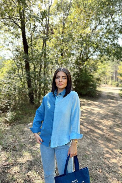 NEW LAVİVA Tesatura de muselina albastră de damă, bloc dublu, fustă ovala, mânecă lunga, cămașă cu croială normala