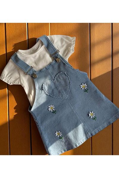 ALTINTAŞ BABY Daisy Embroidered Heart Patterned Denim Look Cotton 2-Piece Salopet Set