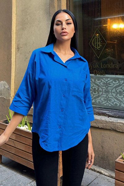 NEW LAVİVA Saks μανίκι τριών τετάρτων, οβάλ κοπή, ανθεκτικό στον ιδρώτα, φαρδύ λινό πουκάμισο