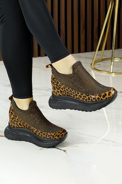 Erkan Saçmacı Daciana Black Leopard Stone Stretch Hidden Wedge Heeled Casual Shoes