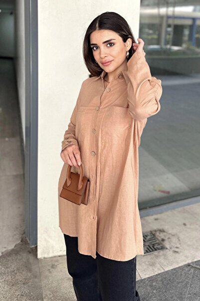 NEW LAVİVA Кафява памучна риза с дълги ръкави и дървени копчета - плисирана на гърба