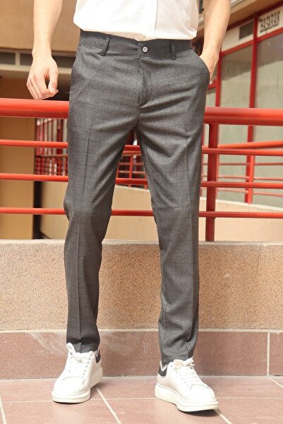 inpool Men's Anthracite Plaid Pattern Slim-fit Polyviscose Trousers