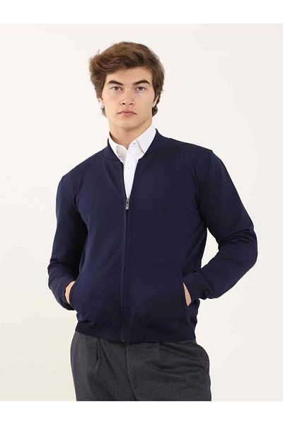 Dufy Navy Blue Men's Slim Fit Plain Bomber Collar Knitwear - 96347