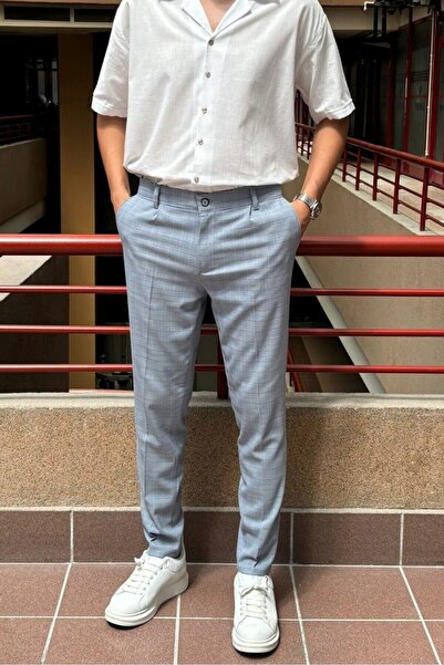 inpool Чоловічі штани з підкосами, A. Сині, картатий візерунок, облягаючий крій, полівіскоз