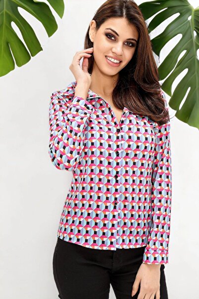 NEW LAVİVA Cămașă cu mânecă lungă cu model geometric fucsia pentru femei - Croială normală, mărime standard