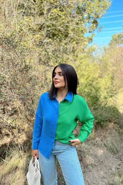 NEW LAVİVA Tesatura de muselina albastră și verde pentru femei, bloc dublu, fustă ovala, mânecă lungă, cămașă cu croială normala