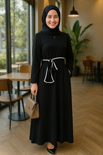 Mercan AYLİZ ELBİSE Tesettür Giyim Kuşaklı Uzun Elbise Siyah Belis Kumaş
