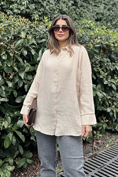 NEW LAVİVA Women's Beige Bat Sleeve, Pocket Detail, Loose Muslin Shirt