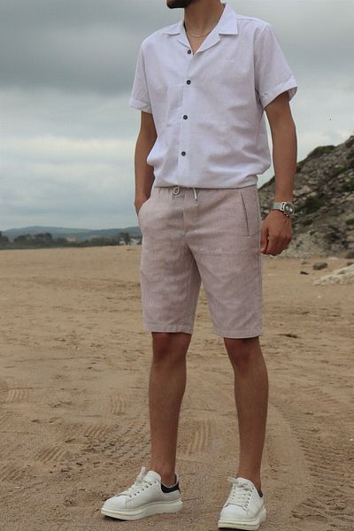 inpool Men's Summer Cotton-linen Elastic Waist Pocket Shorts & Bermuda