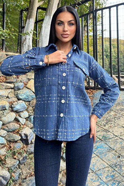 NEW LAVİVA Țesătură din tweed în carouri indigo, buzunare duble, jachetă lungă de cămașă