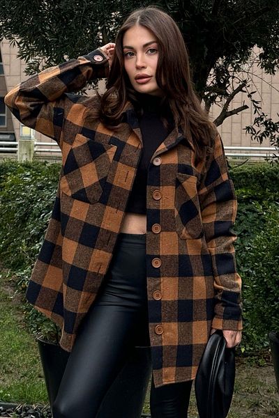 NEW LAVİVA Women's Brown Double Pocket, Plaid Pattern, Comfortable Fit, Long Stamp Shirt