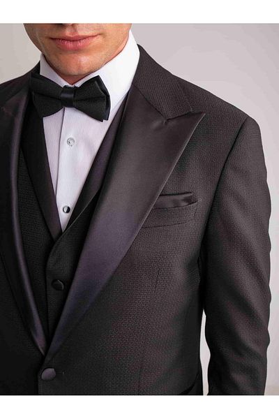 Dufy Black Men's Modern Fit Dobby Mono Collar Tuxedo Suit - 61314