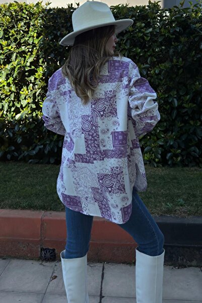 NEW LAVİVA Țesătură gabardină cu model violet pentru femei, croială ovală pe fustă, buzunar, cămașă supradimensionată