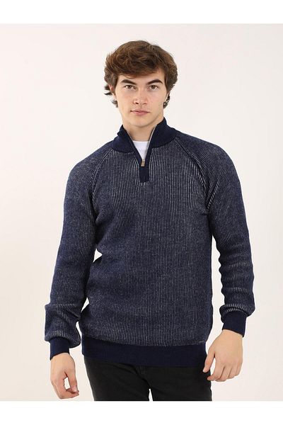 Dufy Navy Blue Men's Regular Fit Textured Zippered Stand Collar Sweater - 91162