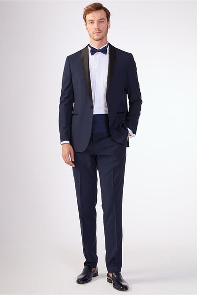 Dufy Navy Blue Men's Modern Fit Striped Shawl Collar Tuxedo Suit - 61328