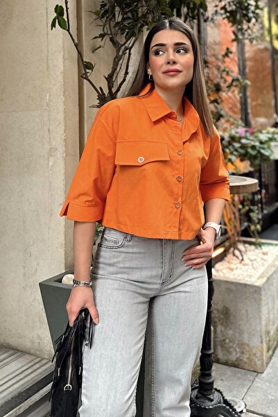 NEW LAVİVA Jumătate de mânecă portocalie pentru femei, buzunar și detaliu mâneci, țesătură Terikoton, cămașă crop