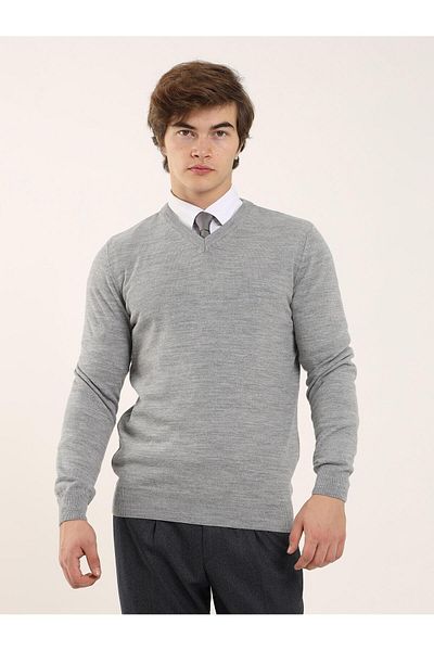 Dufy Gray Melange Men's Slim Fit Plain Classic V-Neck Knitwear - 91132